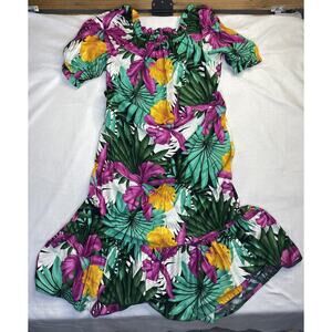 Vintage Hilo Hattie Dress Women's Medium Hawaii Ruffled Floral Tropical Maxi